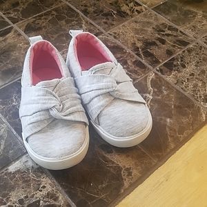 Slip on grey fabric toddler shoes, rubber sole